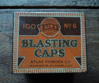 Vintage Atlas Blasting Caps 100 No.  6 Tin Box Wilmington De Atlas Powder Co.