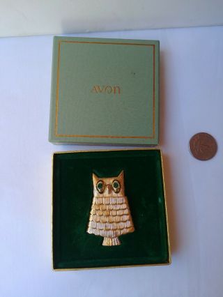 Vintage Jeweled Owl Brooch Pin Locket Avon Emerald Sachet Gold Tone 1960s