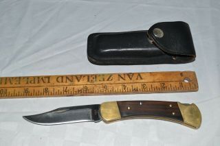 Vintage 1980 - 81 Buck 110 Folding Hunter Knife Wood Handles W/leather Sheath Case