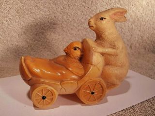 Vintage Depression Era Toy Celluloid Rabbit Pushing Hatching Chick Stroller