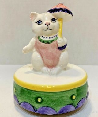 Vintage Otagiri Japan Music Box Adorable Cat W/ Umbrella Musical Song " Memory "