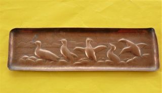 Newlyn Arts & Crafts Copper Tray Five Embossed Ducks Stamped Newlyn 10 " X 3 "