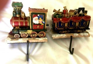 Vintage Pair Christmas Train Heavy Metal Stocking Holders Engine & Coal Car