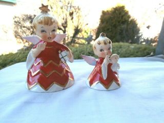 2 Vintage 1956 - Lefton Naughty Sisters Angel Bells - Red/white - 2 1/2 ",  3 1/2 "