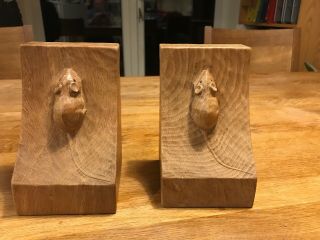 Robert Thompson Mouseman Solid Oak Hand Carved Bookends