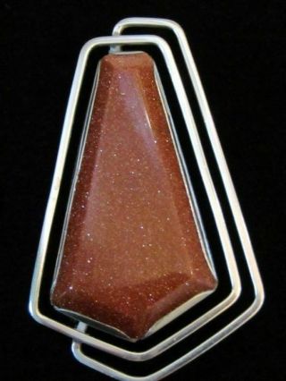 Large Vintage Sterling Silver Abstract Goldstone Pendant Brooch Pin