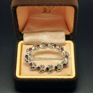 Vintage Jewellery Stylish Silver Tone Marcasite Amethyst Glass Open Back Brooch