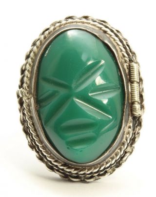 Vintage Mexico Taxco Sterling Silver Modernist Carved Jade Face Mask Poison Ring