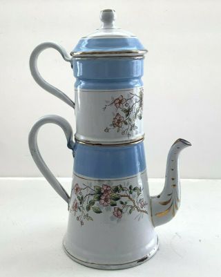 Antique Vintage French Enamel Biggin Coffee Pot White With Blue Hp Flowers