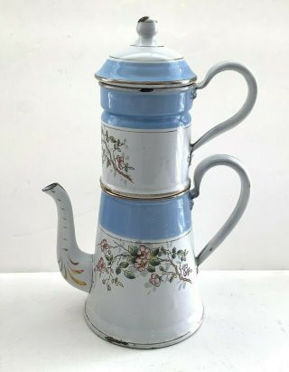 Antique Vintage French Enamel Biggin Coffee Pot White with Blue HP Flowers 2