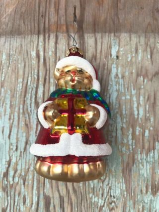 Vintage Glass Santa Cat With Present Christmas Ornament