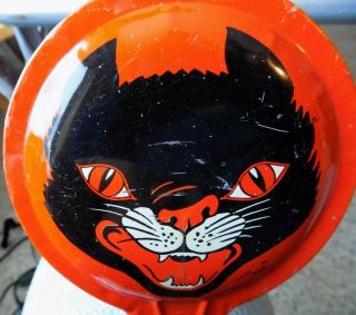 Vintage Tin Litho Halloween Black Cat Noisemaker Clapper Toy Made In Usa