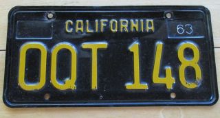 1963 California License Plate Oqt 148 - Black Tag Vintage