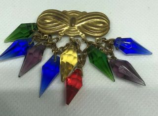 Vintage Brass Like Brooch Pin With Colored Glass Prisms - Dangles