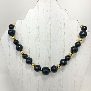 Vintage Monet Signed Black And Gold Graduated Bead Necklace Classic