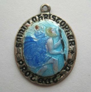 Vtg Sterling Enamel Saint Christopher Protect Us Silver Bracelet Charm