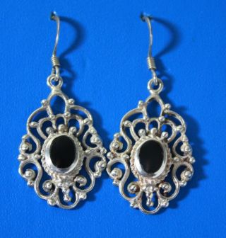 Vintage Sterling Silver 925 Black Onyx Dangle Victorian Earrings Pierced Signed