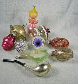 11 Vintage Assorted Glass Christmas Tree Ornaments - Pipe,  Angel,  Clusters,  Etc
