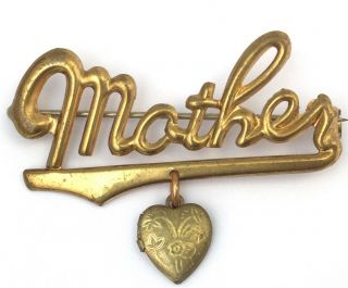 Vintage Mother Brooch Pin Dangling Heart Locket Charm Brass Bronze Metal
