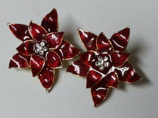 Vintage Eisenberg Ice Red Enamel & Rhinestone Poinsettia Flower Clip On Earrings