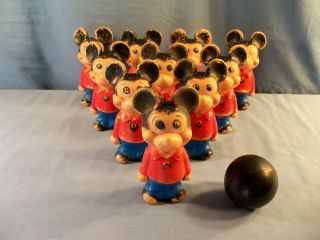 10 Vintage Plastic Mickey Mouse Bowling Pins Hanna Barbera Hong Kong W/ Ball