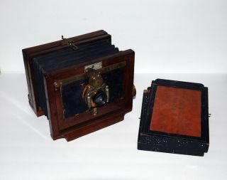 Antique Wood & Brass Camera W 2 Film Holders American Optical Co.  Ny 5 X 8 Inch