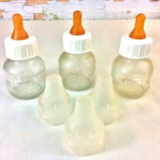 Vintage Kerr Glass Baby Bottles Set Of 3 Tops Nipples And Caps 4 Ounces Ea (ahk)
