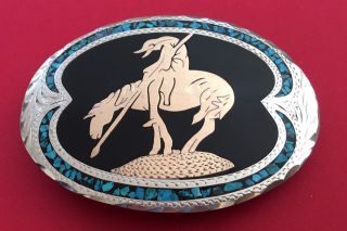 Vtg Nickel Silver & Brass End Of The Trail Western Belt Buckle - Turquoise Inlay