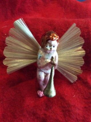 Antique German Blown Glass Angel With Spun Glass Wings And Trumpet Ornament