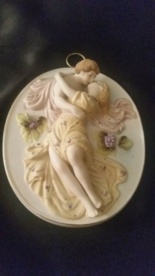 Vintage Bisque Porcelain 3d Wall Hanging Plaque Of Romantic Lovers Lovely Piece
