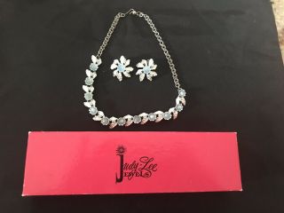 Vtg Judy Lee Silver Tone & Blue Rhinestone Flower Choker Necklace & Earrings Set