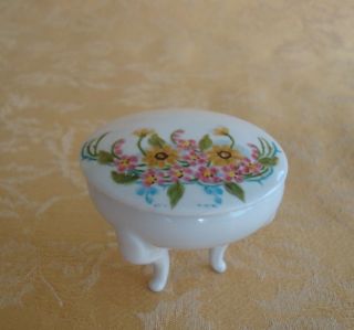 Vintage Porcelain 3 Foot Round Hand Painted Floral Trinket Box Signed