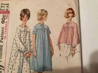 VTG 60’s Simplicity 5193 Women ' s BEDJACKET & Nightgown Sewing Pattern Size 40 3