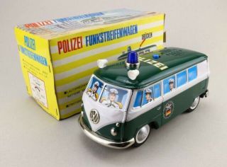Vintage Japanese Tin Vw Polizei German Police Kombi Bus Van W/ Loud Speaker