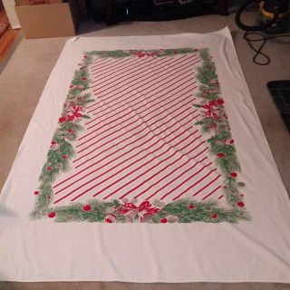 Candy Cane Stripe Bells Ornaments Vintage Christmas Tablecloth 60 X 100
