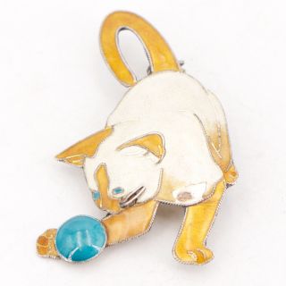 Vtg Sterling Silver - Enamel Siamese Kitty Cat Brooch Pin - 4.  5g