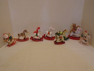 8 Vintage Wooden Brown & Red Rocking Horses Christmas Ornaments