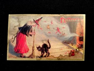 Vintage Halloween Witch And Black Cat Mini 2.  5 " X 4.  5 " Greeting Card