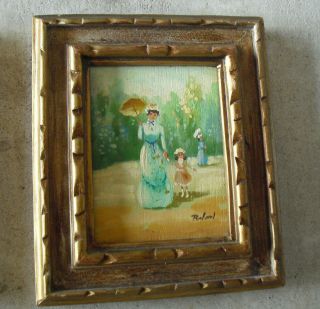 Vintage Small Roland Signed Oil On Wood Painting Woman & Child W Umbrella Framed