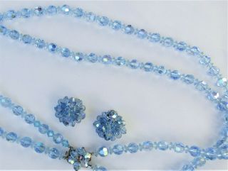 Vintage Blue Ab Crystal Double Strand Graduated Necklace & Earrings Set