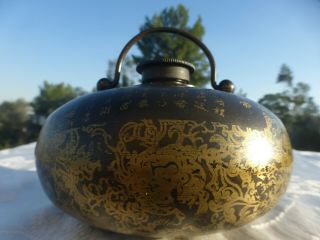 Antique Chinese Brass Bronze Hot Water Bottle 19c Marked Detail