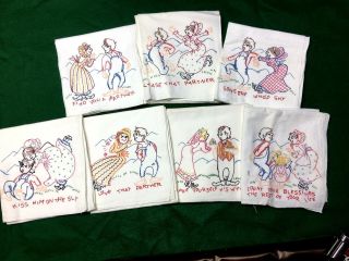 Vtg Dish Towels 7 In Series Of Printed Humorous Love To Marriage Message,  Cotton