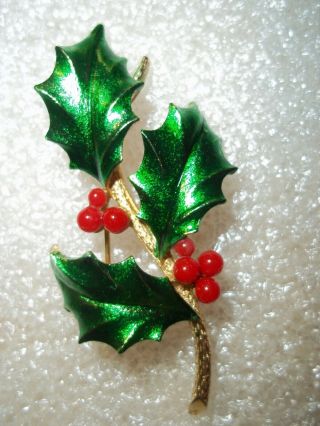 Vintage Mylu Gold Tone Enamel And Beads Christmas Holly And Berries Brooch