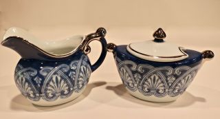 Vtg Bombay Company Porcelain Sugar Bowl/creamer Blue & White Arabesque Tile