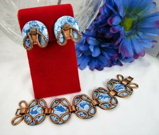Vintage Matisse Blue/white Enameled Copper Bracelet & Earring Set Gorgeous
