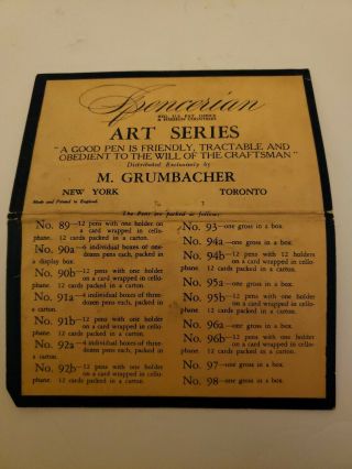 Vintage Spencerian Art Series Pen Tips On Card M.  Grumbacher Advertising Writing