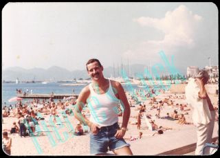 Handsome Mustache Man In Tank Top At The Beach Vintage 1970 