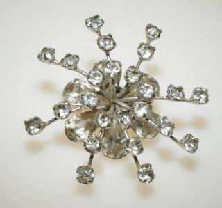 Vintage Dimensional White Rhinestone Silver Tone Snowflake Pin Brooch 1 5/8 "
