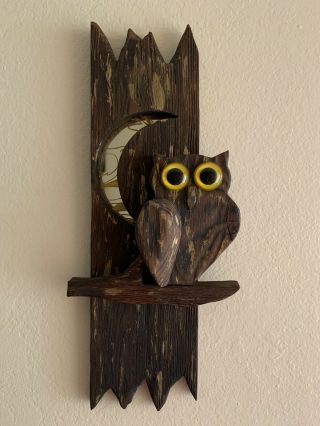 Vintage Wood Owl In Tree 3d Wall Art Gold Vein Mirror Moon Retro Kitsch Handmade