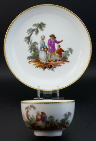 C1770 Antique 18thc Berlin Porcelain Cup And Saucer,  Peasant Scene After Teniers
